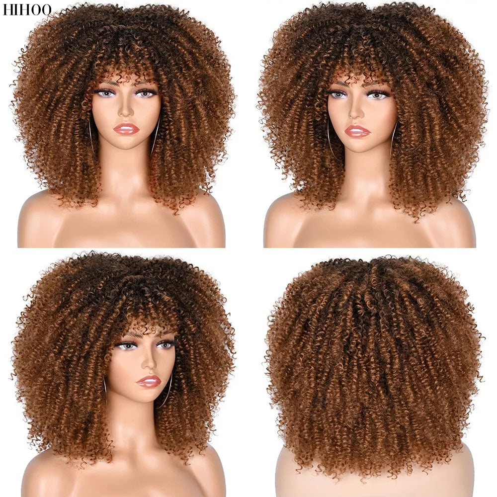 Short Afro Kinky Curly Wig With Bangs For Black Women Cosplay Lolita Natural Hair Ombre Mixed Brown Synthetic African Wigs