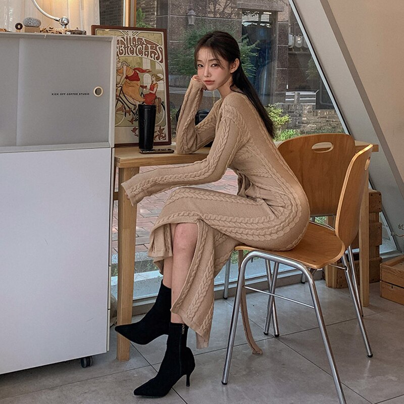 Women's Sweater Dress Korean Version Sexy V-neck Long-Sleeved Tie Knitted Dress Clothing Autumn Winter Elegant Women's Dsers