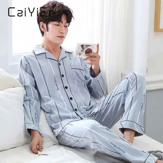 Men's Turn-down Collar Long Sleeve Pajamas Set Dsers