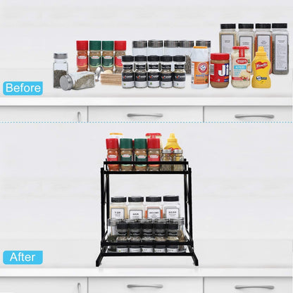 Spice Rack Organizer, Foldable 2-Layers Bathroom Shelf Organizer Multi-function Countertop Kitchen Rack Organizer with 3 Hooks Dsers