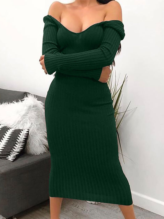 Women's Long Sleeve V Knit Bodycon Dress Dsers