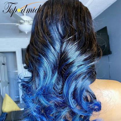 Topodmido Blue Ombre Color Indian Hair 13x6 Lace Front Wig Natural Hairline Loose Wave Remy Hair 13x4 Lace Front Human Hair Wigs