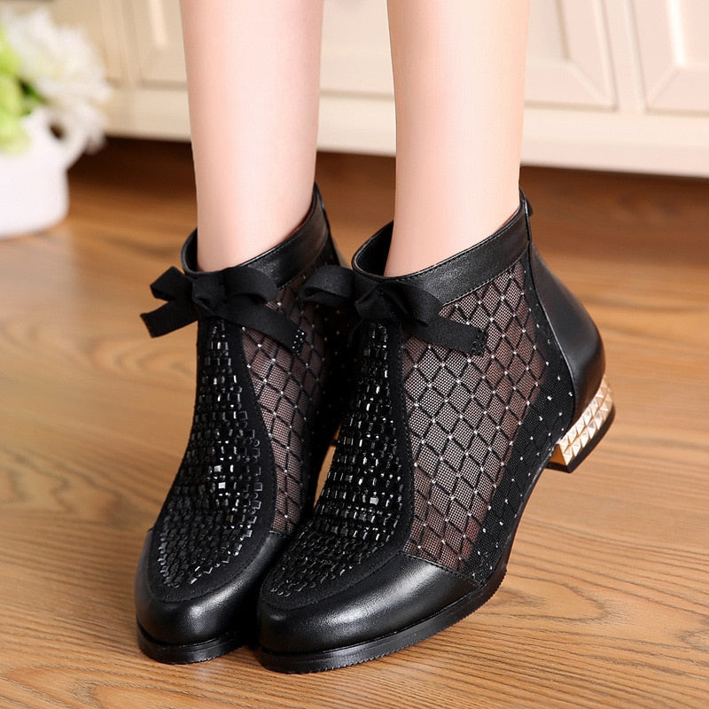 Women's Mesh Ankle Boots with Low Heel and Bow Dsers