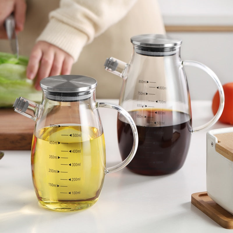 Transparent Glass Oil Bottle with Handle Scale Heat-Resistant High Borosilicate Kitchen Supplies Soy Sauce Vinegar Container Dsers