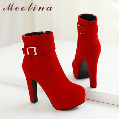 Meotina Female Boots Women Boots Winter Buckle Super High Heel Ankle Boots Zipper Platform Thick Heel Short Shoes Lady Red 33-43 Dsers