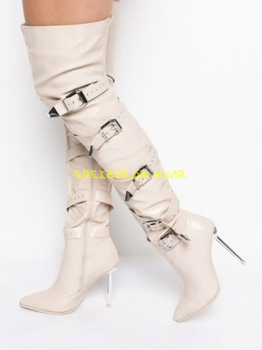 Stiletto Boots In Bone Multi-Buckle Over The Knee Zipper Thigh High Boots Solid Pointy Toe White Custom Made Runway Dress Boots Dsers