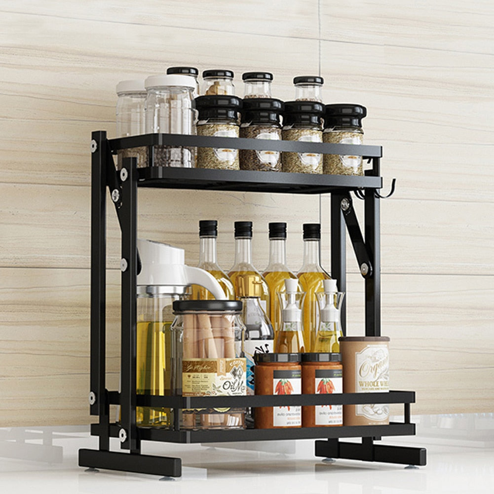 Spice Rack Organizer, Foldable 2-Layers Bathroom Shelf Organizer Multi-function Countertop Kitchen Rack Organizer with 3 Hooks Dsers