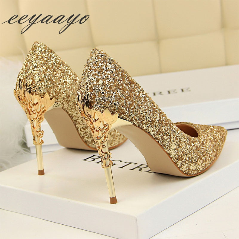 Women's Glitter Covered Stilettos with Metal Design on Heels Dsers