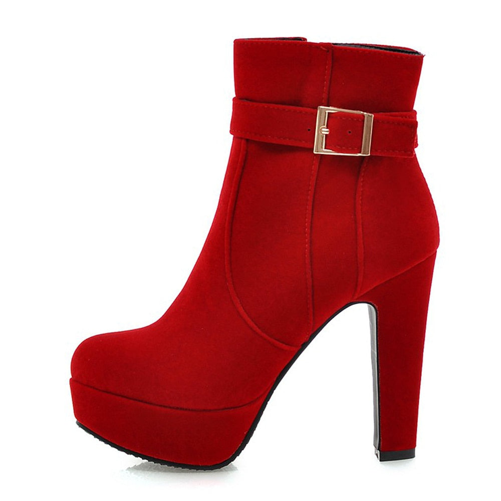 Meotina Female Boots Women Boots Winter Buckle Super High Heel Ankle Boots Zipper Platform Thick Heel Short Shoes Lady Red 33-43 Dsers