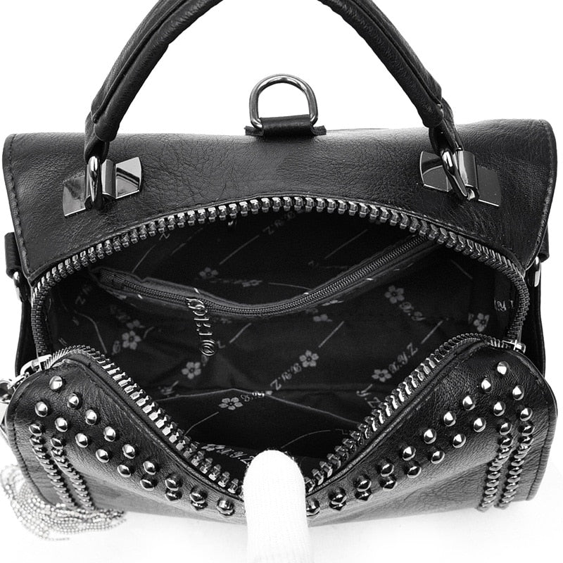 Women's Small Punk Theme Shoulder Bag with Rivets and Tassel Dsers