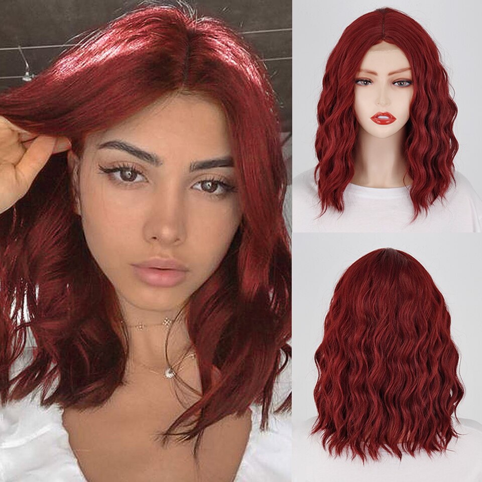 Short Bob Synthetic Wigs for Women Short Wavy Wigs with Bangs Wavy Bob Wig Wine Red Wig Heat Resistant Fiber Cosplay hair