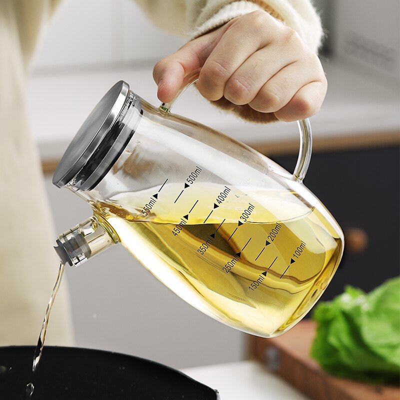 Transparent Glass Oil Bottle with Handle Scale Heat-Resistant High Borosilicate Kitchen Supplies Soy Sauce Vinegar Container Dsers