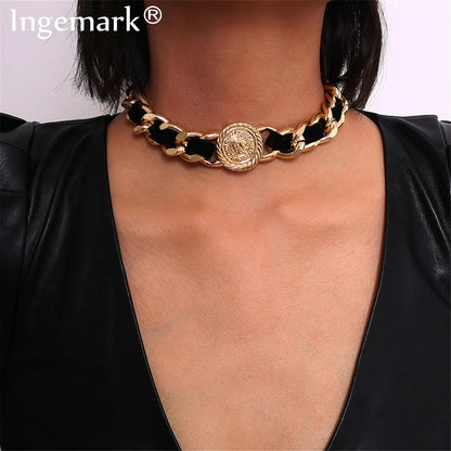 Exaggerated Hip Hop Twist Chain Necklace Women Collares Rock Velvet Avatar Coined Chunky Choker Necklace Steampunk Men Jewelry