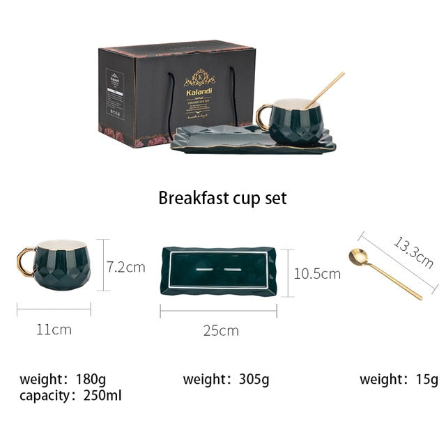 MDZF SWEETHOME Green Coffee Cup Set With Mat And Lid Spoon Milk Ceramic Cup Breakfast Tableware Set Couple Mug Birthday Gift Box Dsers