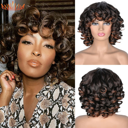 Short Hair Afro Curly Wig With Bangs For Black Women Synthetic Ombre Glueless Cosplay Wigs High Temperature Annivia