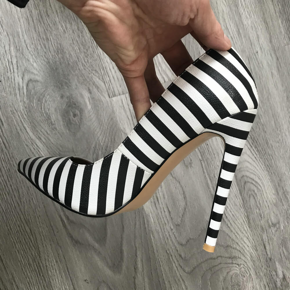 Women's Black and White Striped Pointed Toed Stilettos Dsers