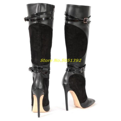 Patchwork Stiletto High Heel Boots Ankle Strap Sexy Pointed Toe Zipper Runway Dress Women Shoes Black Leather Suede New Boots Dsers