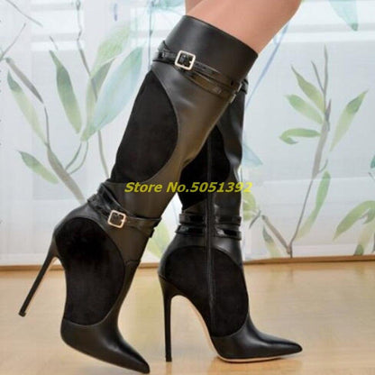 Patchwork Stiletto High Heel Boots Ankle Strap Sexy Pointed Toe Zipper Runway Dress Women Shoes Black Leather Suede New Boots Dsers