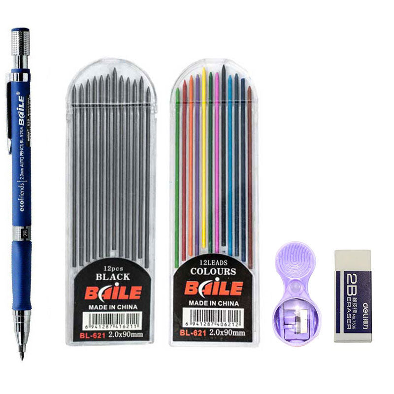 2.0mm Mechanical Pencil Set 2B Automatic Pencils with Color/Black Lead Refills for Draft Drawing, Writing, Crafting, Art Sketch