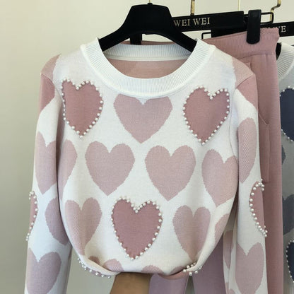 Women's Two Piece Pearl Heart Sweater and Matching Leggings Set Dsers