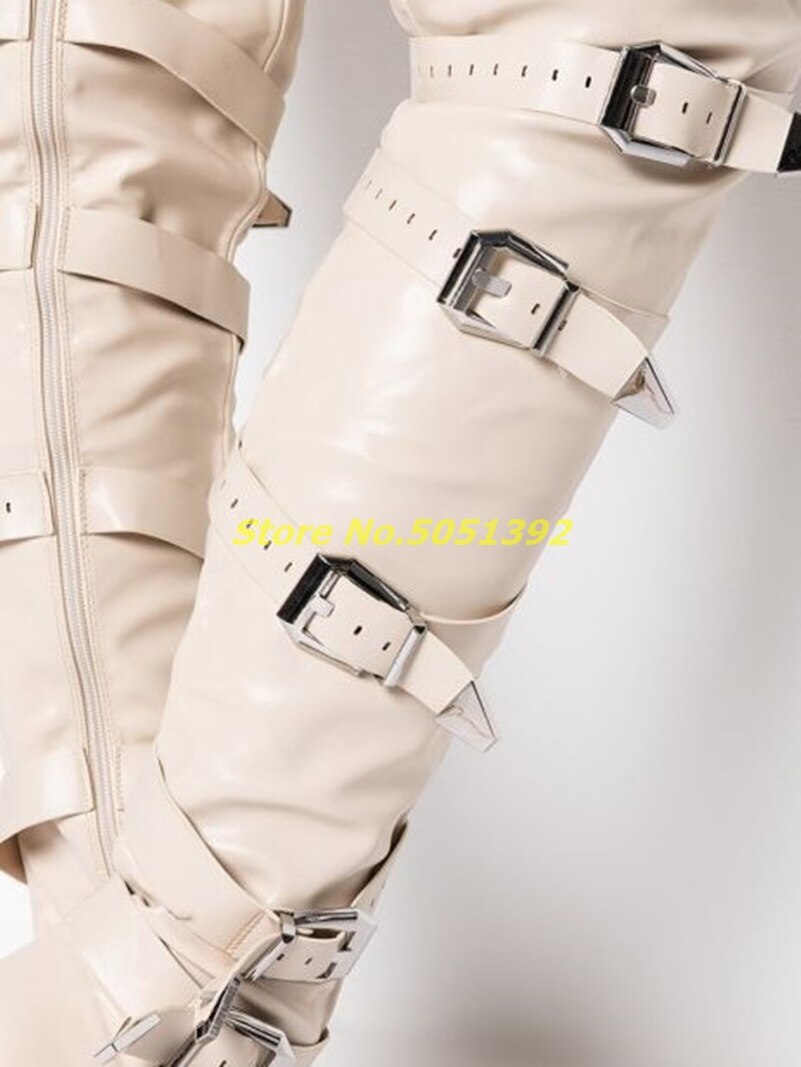 Stiletto Boots In Bone Multi-Buckle Over The Knee Zipper Thigh High Boots Solid Pointy Toe White Custom Made Runway Dress Boots Dsers