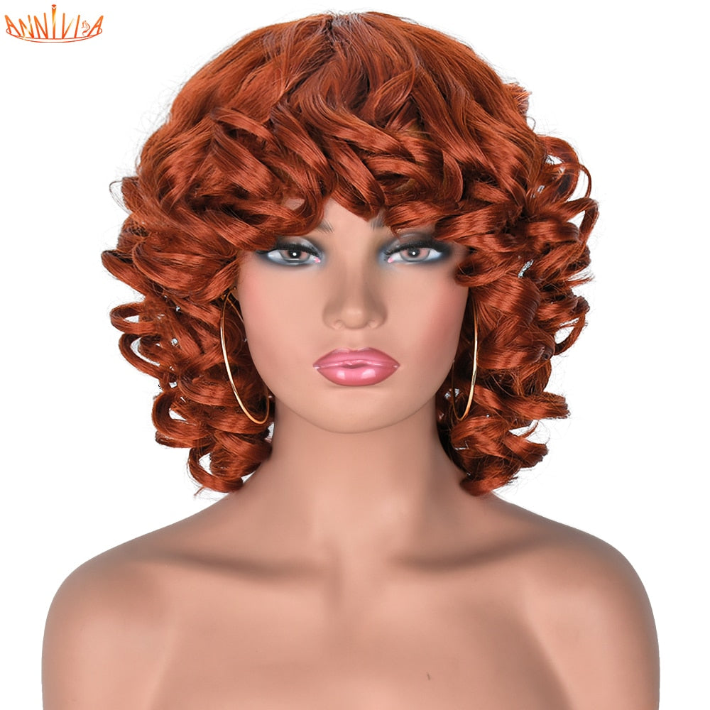 Short Hair Afro Curly Wig With Bangs For Black Women Synthetic Ombre Glueless Cosplay Wigs High Temperature Annivia