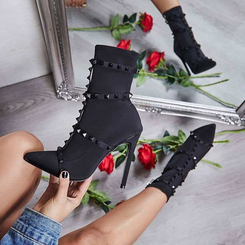 Women's Rivets Silk Sock Stiletto Ankle Boots Dsers