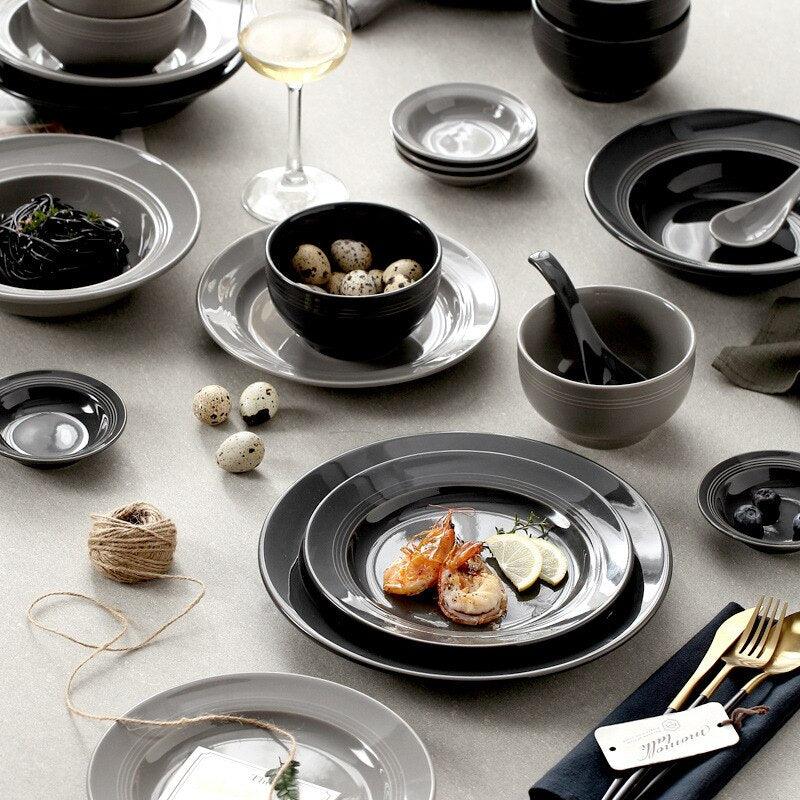 Nordic Black and Gray Simple Ceramic Tableware Set Household Rice Bowl Soup Bowl Plate Dish Plate Combination Set Bone China Dsers