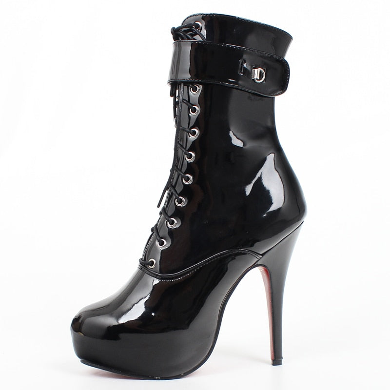 Women's Shiny Lace Up Boots with Lock and Key Dsers