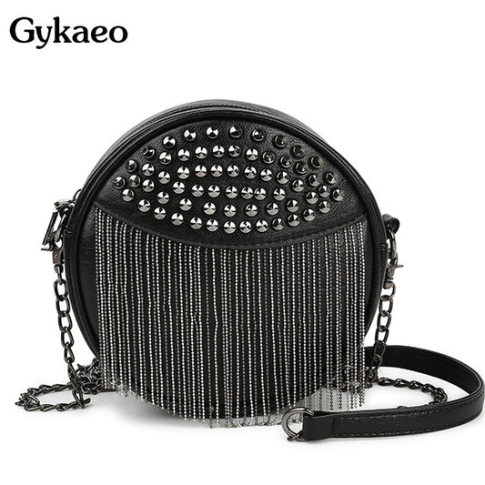 Women's Round Riveted Punk Theme Shoulder Bag with Chain Tassels Dser