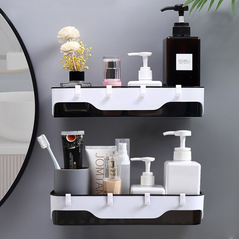 Wall-mounted Storage Rack Bathroom Shelf  For Kitchen With Hooks Storage Bathroom Accessories Without Drill Plastic Container Dsers