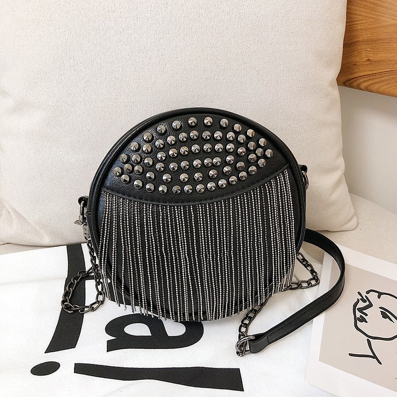 Women's Round Riveted Punk Theme Shoulder Bag with Chain Tassels Dser