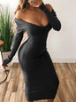 Women's Long Sleeve V Knit Bodycon Dress Dsers