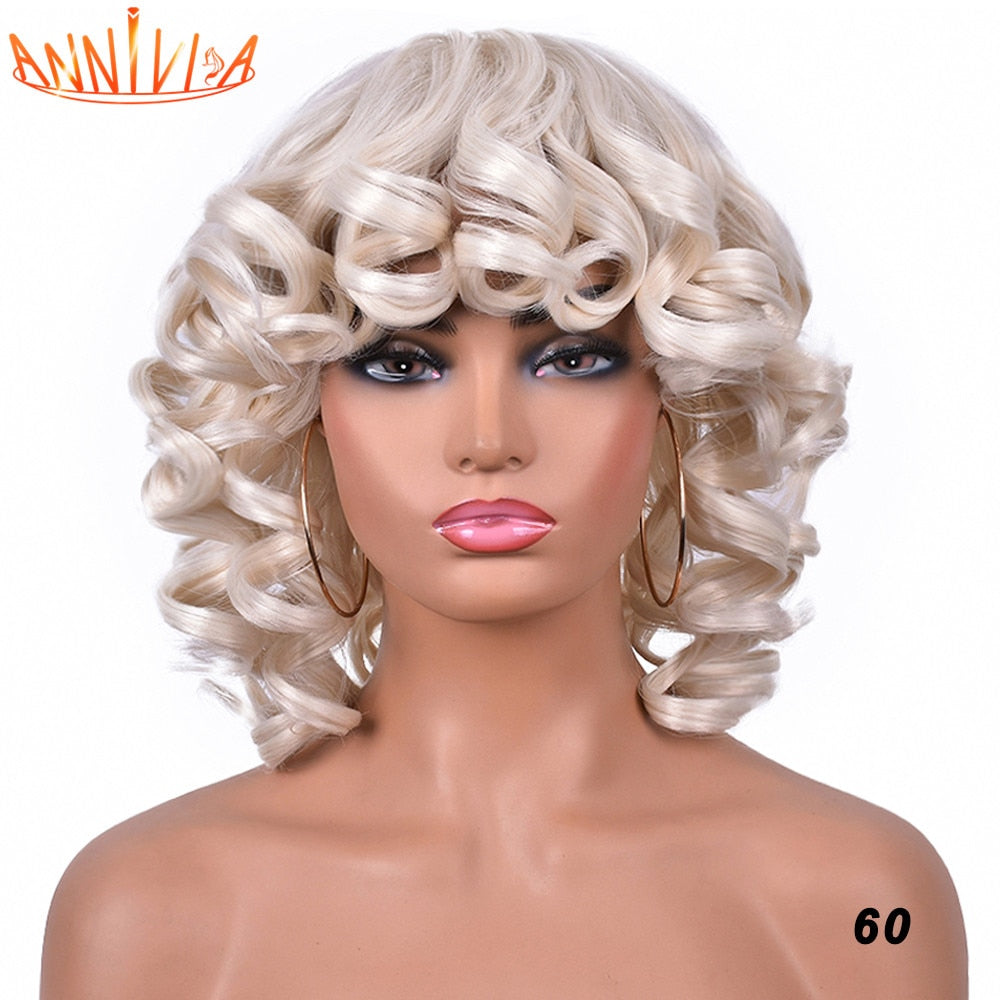 Short Hair Afro Curly Wig With Bangs For Black Women Synthetic Ombre Glueless Cosplay Wigs High Temperature Annivia