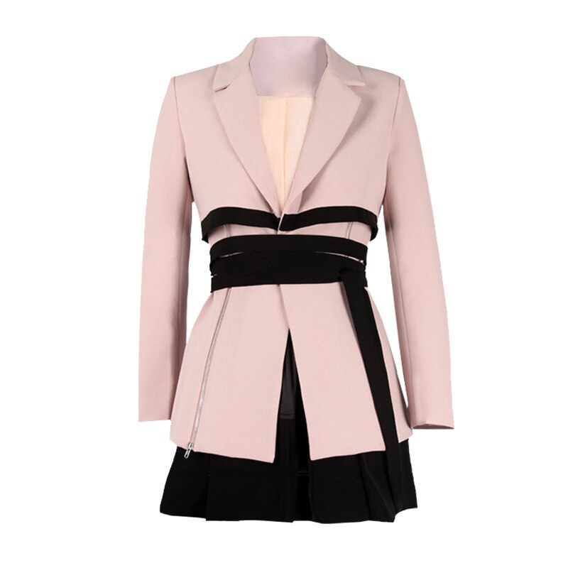 TWOTWINSTYLE Casual Pink Two Piece Set Women Notched Long Sleeve Lace Up Blazer High Waist Mini Skirt Slim Women's Suit 2021 New Dsers