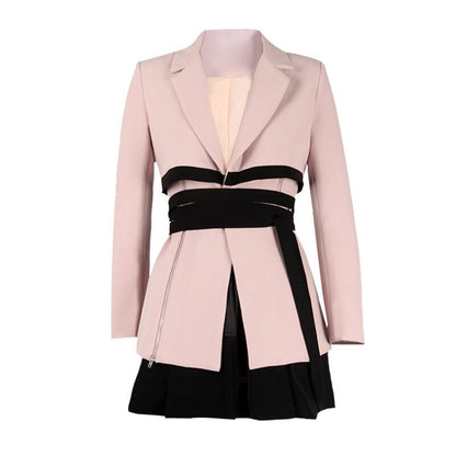 TWOTWINSTYLE Casual Pink Two Piece Set Women Notched Long Sleeve Lace Up Blazer High Waist Mini Skirt Slim Women's Suit 2021 New Dsers