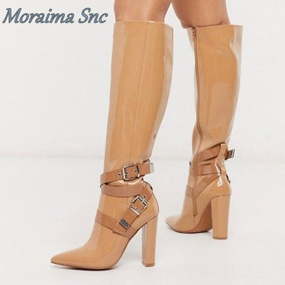 Moraima Snc Long Boots Patent Leather Buckle Pointed Toe Side Zipper Women Boots Knee High High Heel New Autumn Winter Shoes Dsers