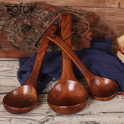 Tofok Large Wooden Soup Spoon Long Handle Natural Soup Spoons Healthy Eco-Friendly Wood Tableware Kitchen Accessories Dsers