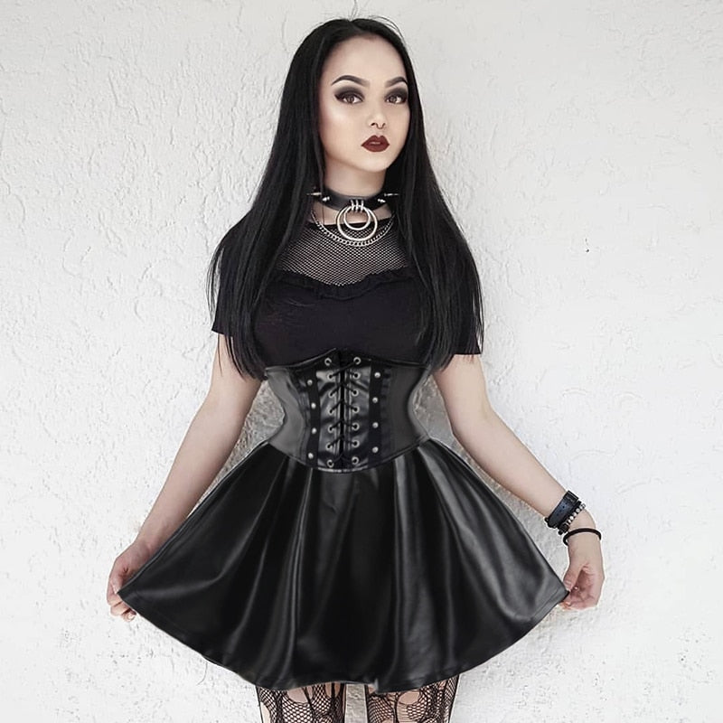 Women's PU Leather Harajuku Skirt with Corset Dsers