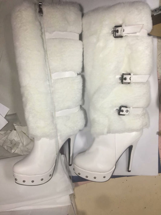 Women Snow Boots Platform  High Heels Casual White Winter Warm Faux Fur Female Buckle knee Boots Shoes Real Pictures Dsers