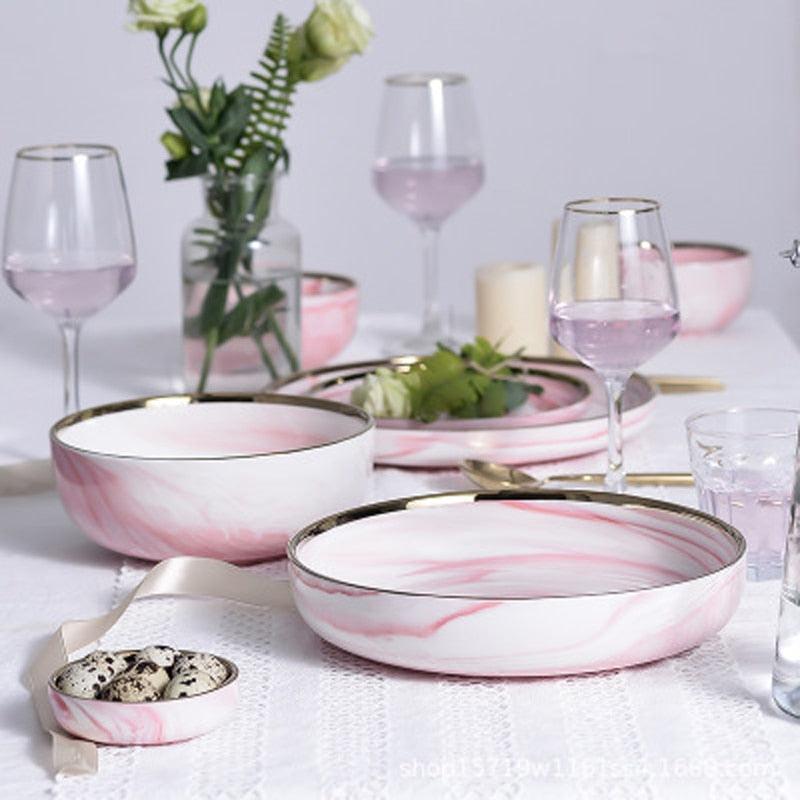 Pink Marble Ceramic Dinnerware Plates Lunch Food Fruit Salad Soup Deep Bowl Tableware Wedding Kitchen Utensils Porcelain Set Dsers