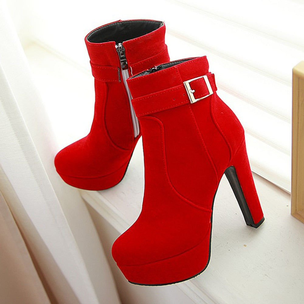 Meotina Female Boots Women Boots Winter Buckle Super High Heel Ankle Boots Zipper Platform Thick Heel Short Shoes Lady Red 33-43 Dsers