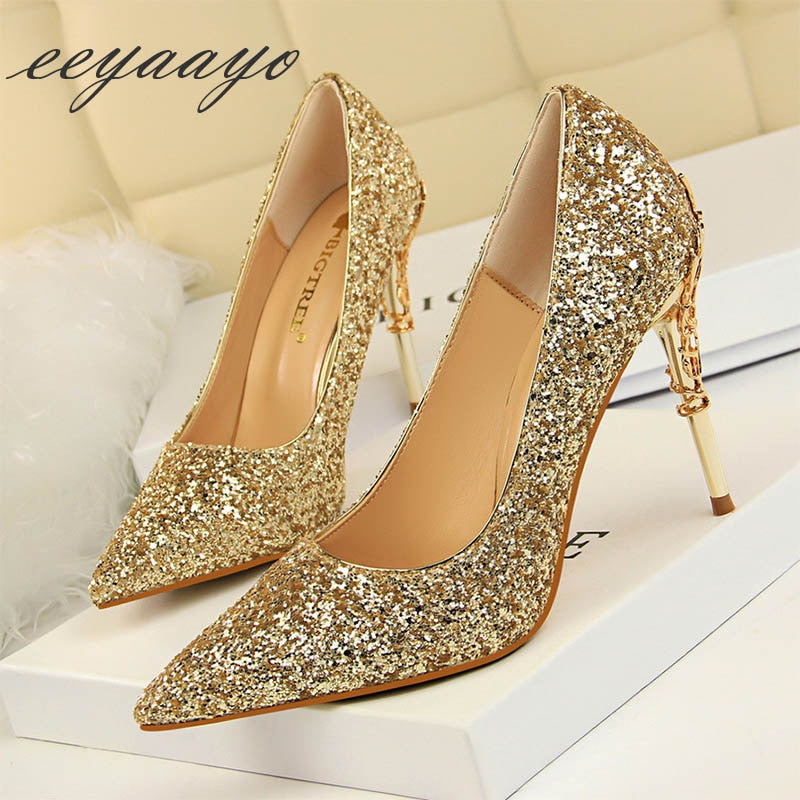 Women's Glitter Covered Stilettos with Metal Design on Heels Dsers