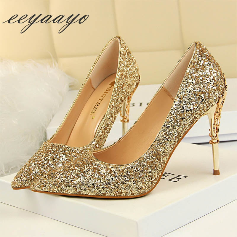 Women's Glitter Covered Stilettos with Metal Design on Heels Dsers