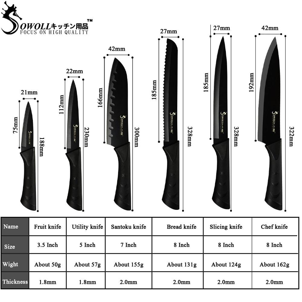 SOWOLL Stainless Steel Kitchen Knife 3.5'' 5'' 7'' 8'' Paring Utility Santoku Slicing Bread Chef Knife Meat Fish Kitchen Gadgets Dsers