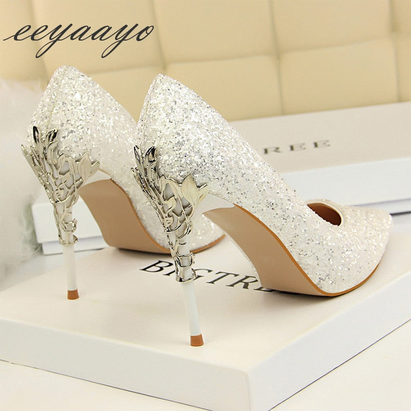 Women's Glitter Covered Stilettos with Metal Design on Heels Dsers