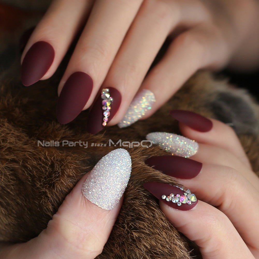 Matte glitter art nails box Match press on nails Burgundy AB rhinestone fasle nails stiletto Custom nails white blue pink Dsers