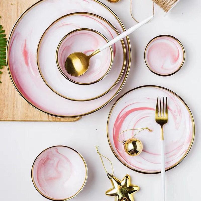 Pink Marble Ceramic Dinnerware Plates Lunch Food Fruit Salad Soup Deep Bowl Tableware Wedding Kitchen Utensils Porcelain Set Dsers