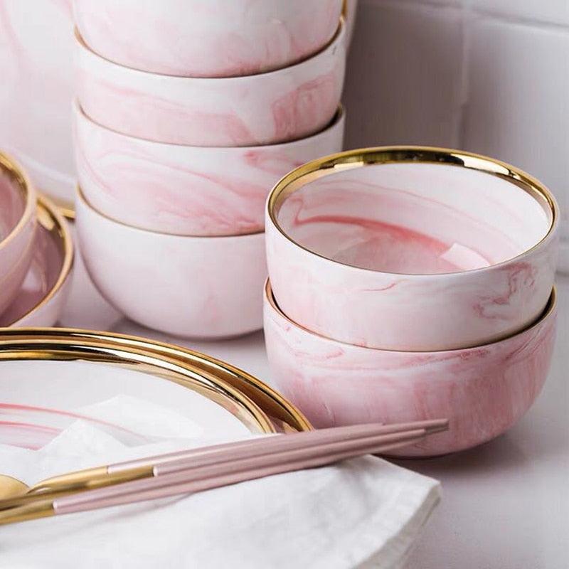 Pink Marble Ceramic Dinnerware Plates Lunch Food Fruit Salad Soup Deep Bowl Tableware Wedding Kitchen Utensils Porcelain Set Dsers