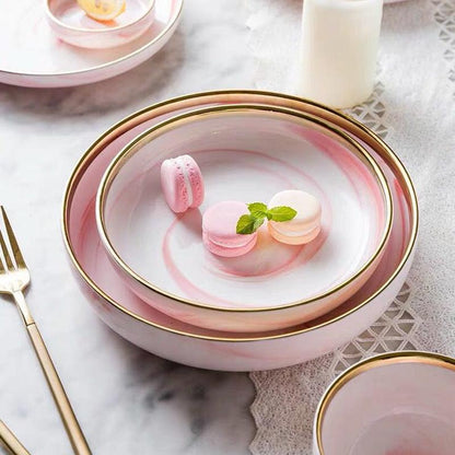 Pink Marble Ceramic Dinnerware Plates Lunch Food Fruit Salad Soup Deep Bowl Tableware Wedding Kitchen Utensils Porcelain Set Dsers